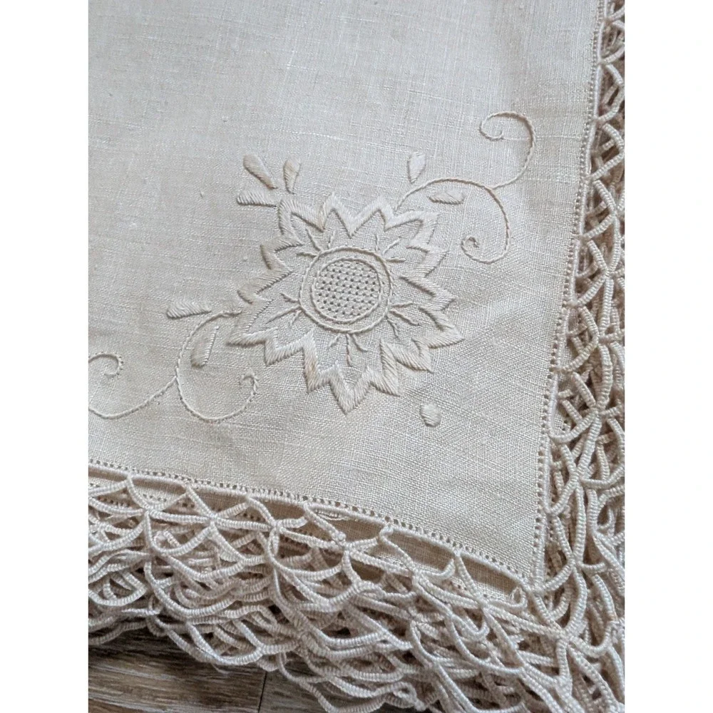 Set of 12 Brand New Vintage Linen Napkins W/ Tatting & Embroidery, 18x18 Beige